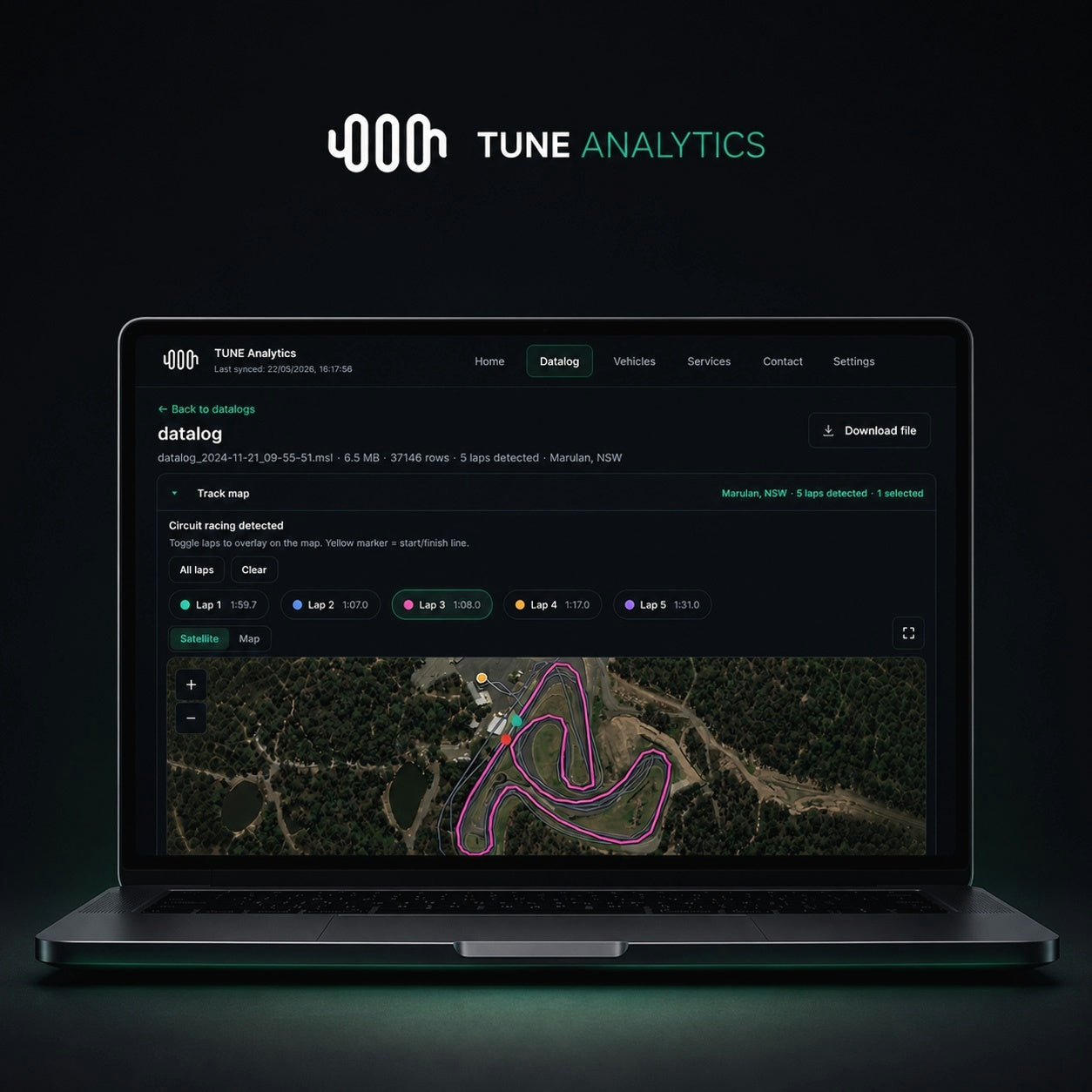 TUNE Analytics datalog with GPS lap overlay on satellite imagery